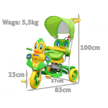 3-kołowy Rowerek dla dzieci Kaczka Zielony + Dźwięki + Daszek + Barierka + Podnóżek + Rączka + Płozy + Schowek